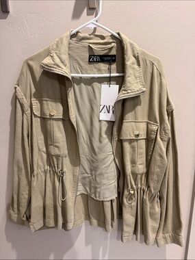 ZARA Light Beige Utility Jacket with Drawstring Waist